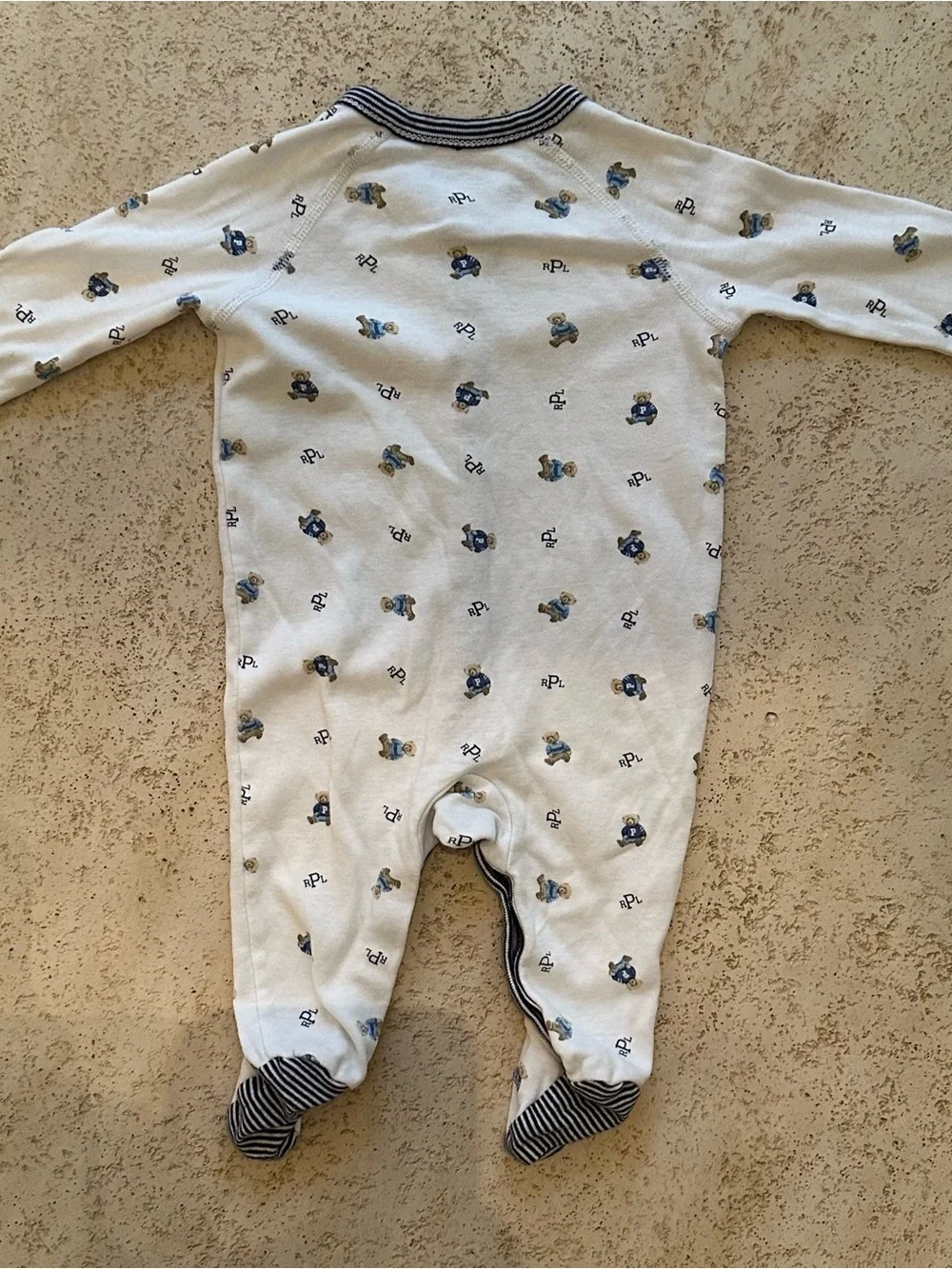 Ralph Lauren Cream Footed One-Piece with Blue Bear & Navy Trim